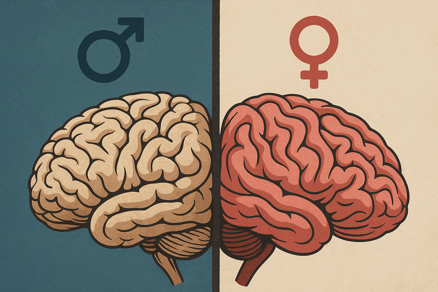 Digital illustration showing the comparison between male and female brains, highlighting subtle differences and balance through neuroscience concept, without text.